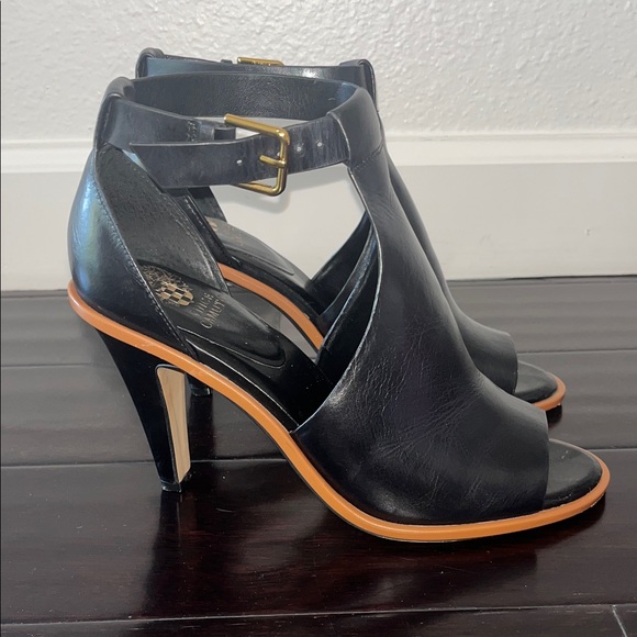 VINCE CAMUTO Black Peep-Toe Heels with Tan Sole - Picture 2 of 6